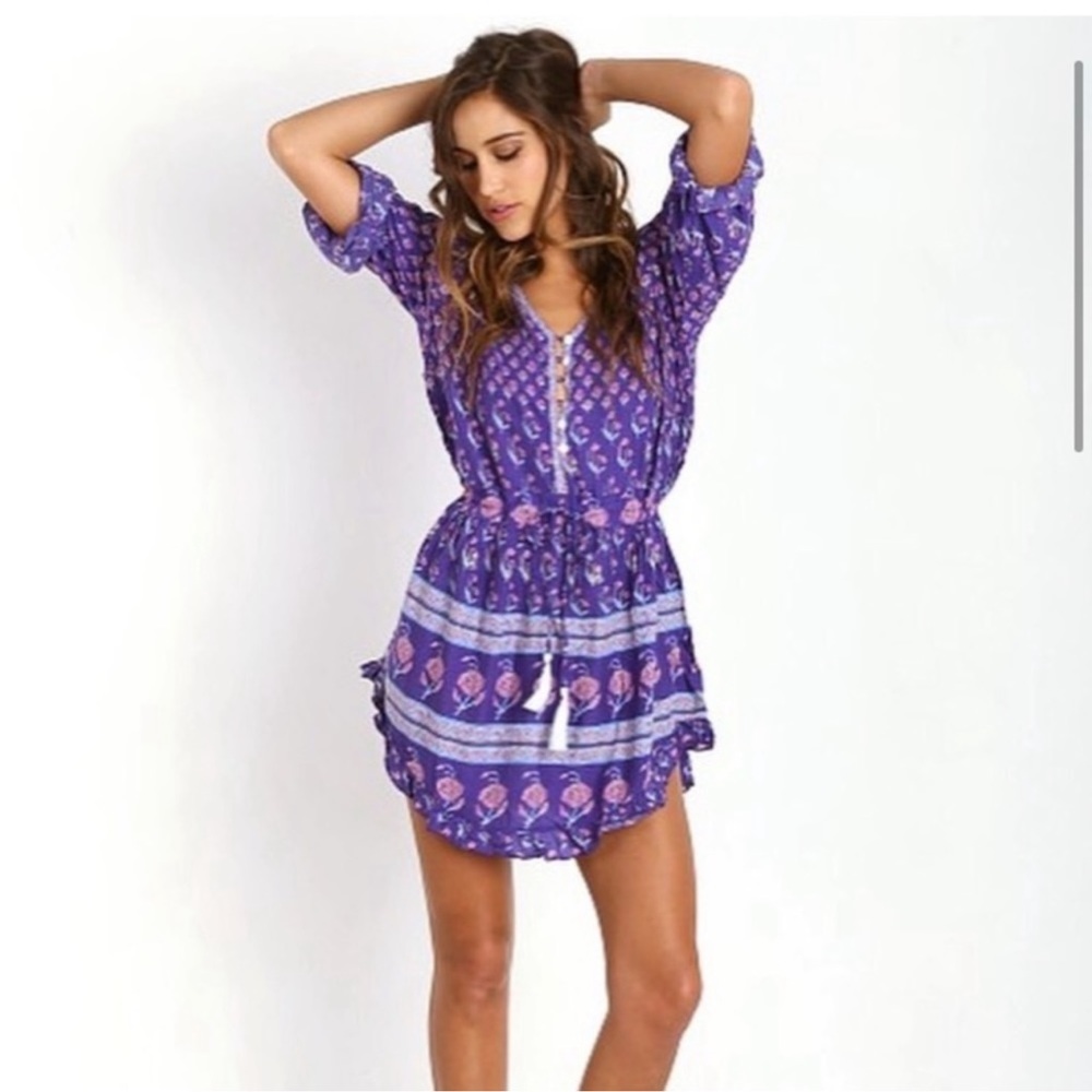 Spell bohemian royale playdress curved hem mini, drawstring waist 3/4 sleeve EUC